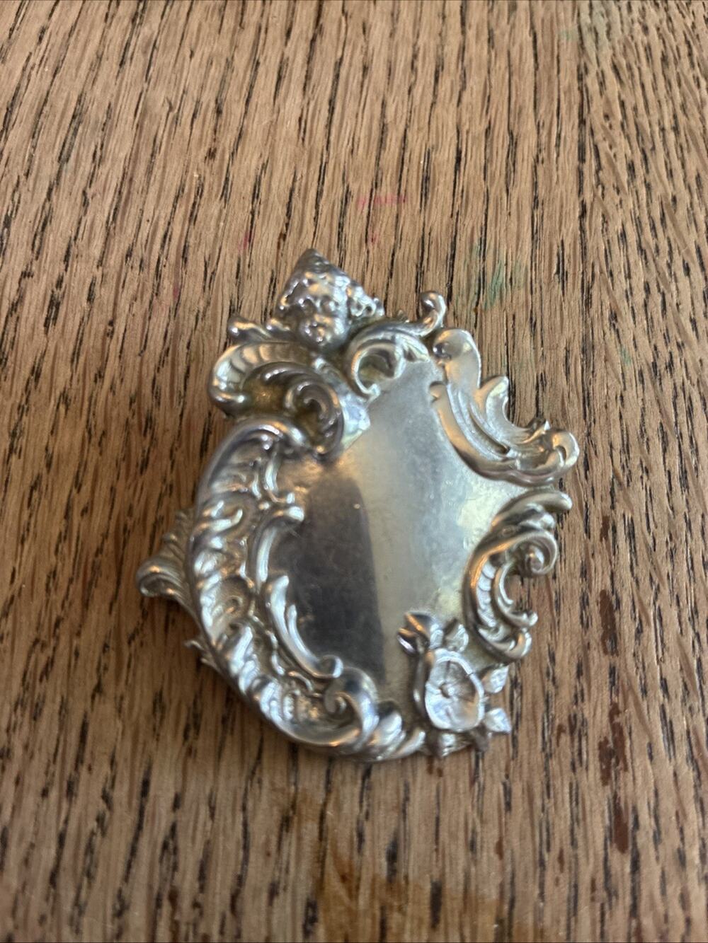 Vintage Cherub Brooch Luggage Tag Type Pin Victorian Art Nouveau Style Ornate
